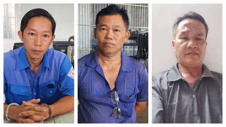 Bắt giam nhiều cán bộ trung tâm đăng kiểm xe cơ giới Kiên Giang vì giả mạo trong công tác - Ảnh 1. (Từ trái sang) Long, Công và Lộc bị công an bắt tạm giam - Ảnh: VĂN VŨ